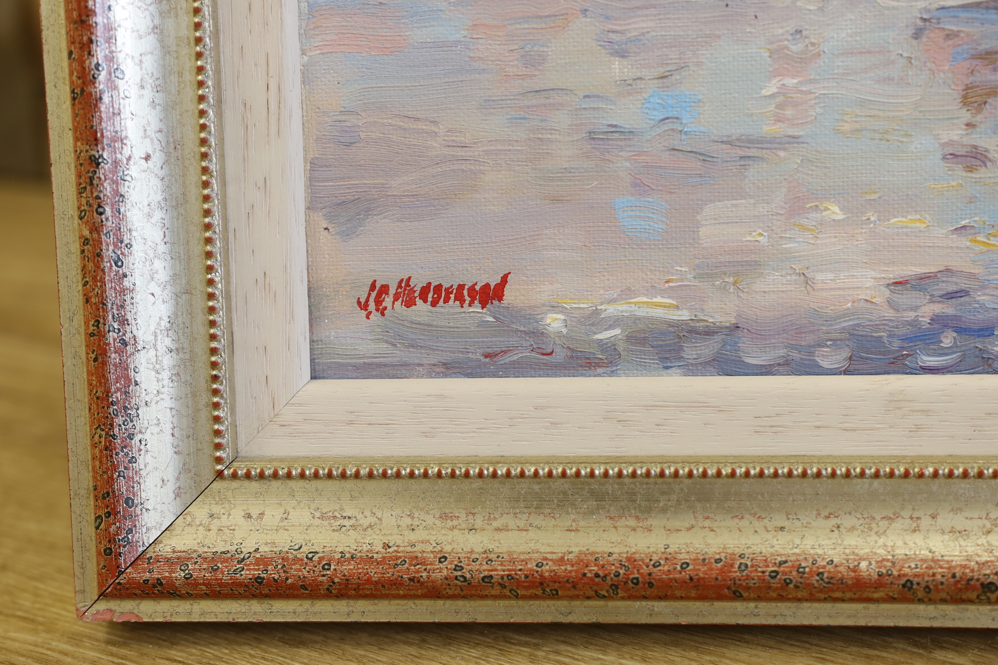Joseph Donald Henderson (Scottish, 20th. C), oil on card, 'Sails', signed, label verso, 25 x 30cm